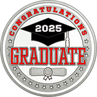 Red "Congratulations Graduate" with White 2025, Rim, Tassel & Ribbon